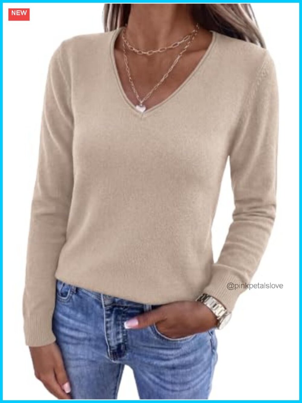 Womens V Neck Long Sleeve Ribbed Knit Pullover Sweater Casual Top